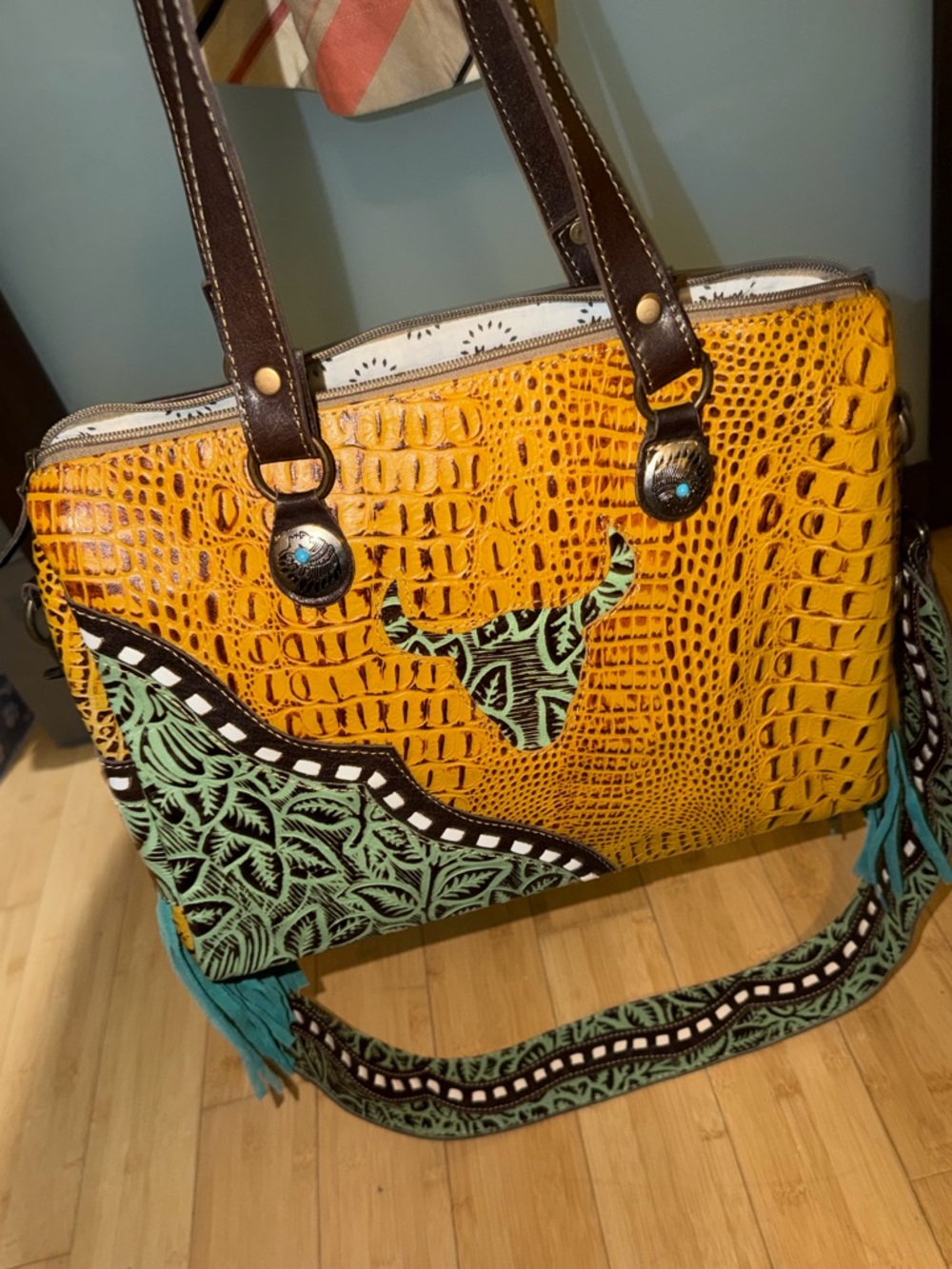 Myra Bag Yellow Croc-Embossed Shoulder Bag with Teal Patterned Accents